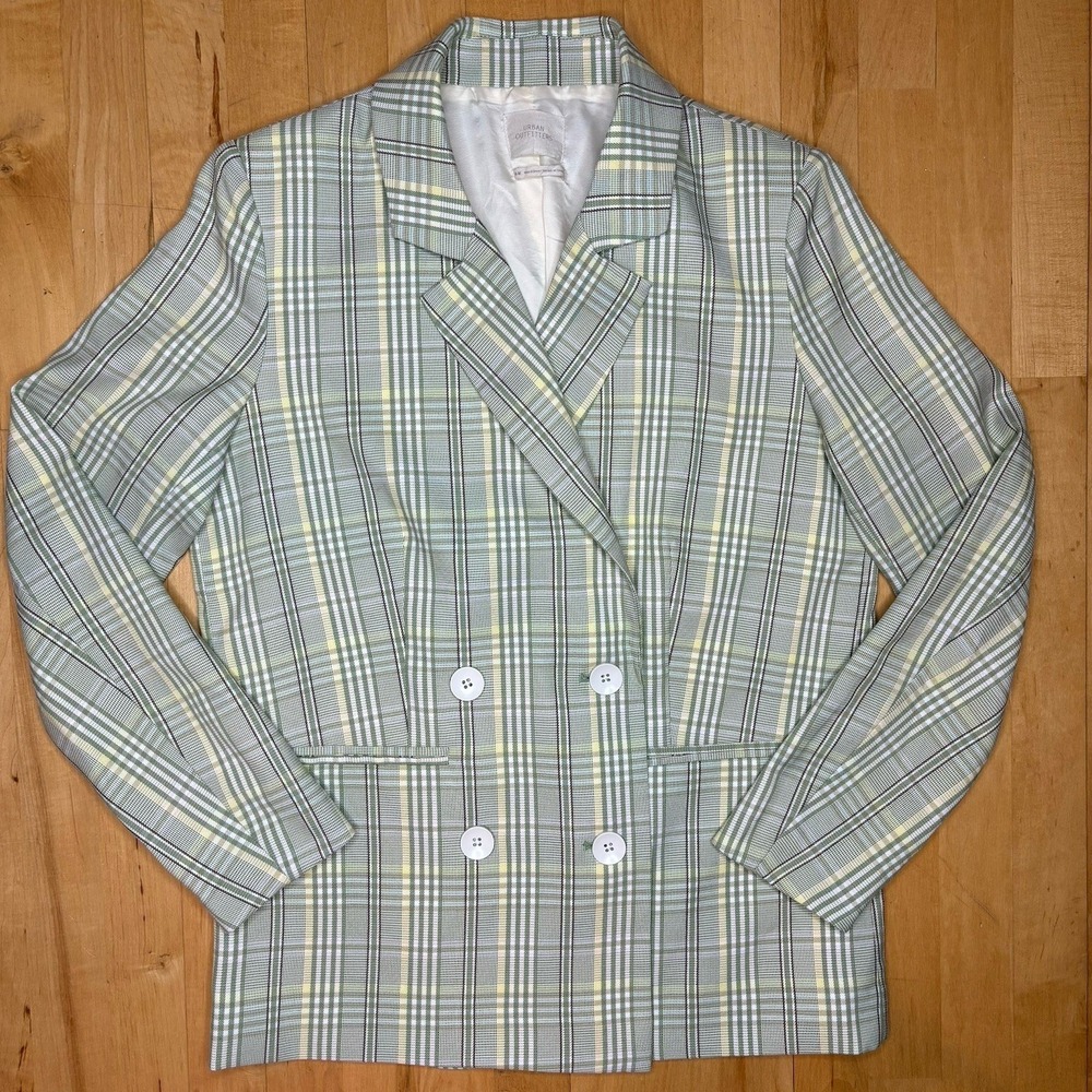 Urban Outfitters Blazer Jacket Medium Oversized Green Plaid Double Breasted Cute